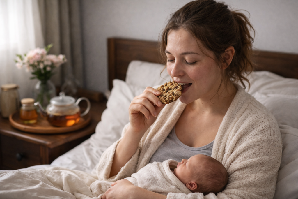 New mother in bed after birth eating a lactation cookie while holding her newborn with a teapot beside her, supporting postpartum recovery and milk supply