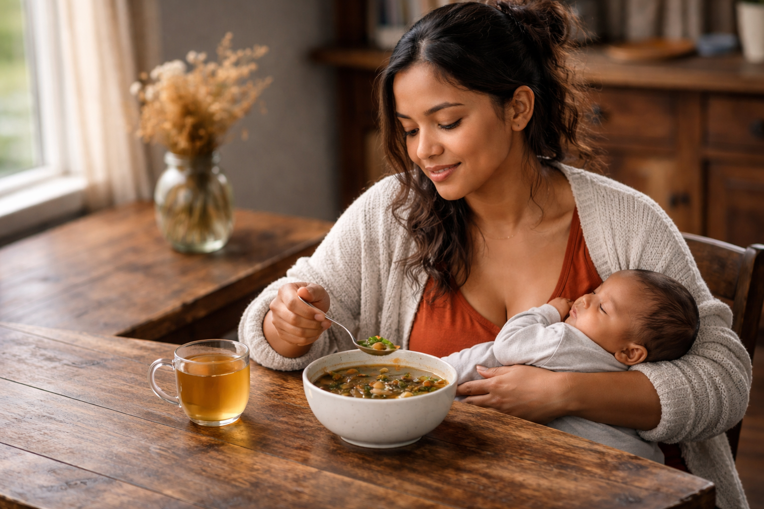 Mother holding newborn while eating soup with tea for postpartum nutrition recovery