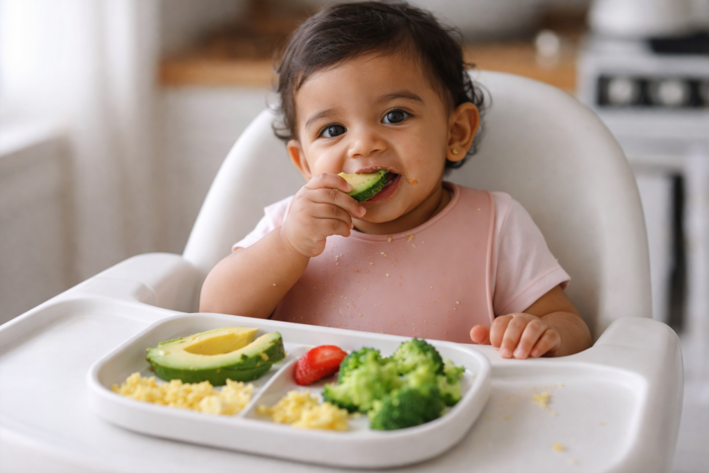 baby eating balanced meal with avocado eggs and fruit on high chair tray