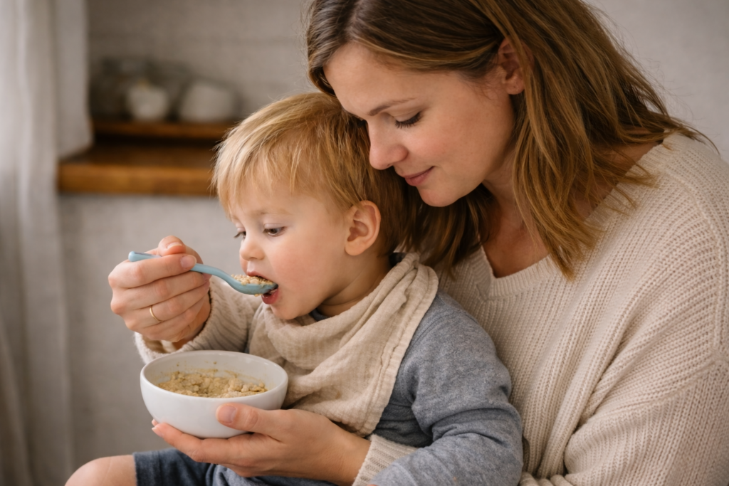 Mother feeding toddler soft oatmeal while he is sick, showing gentle, easy-to-digest foods including dairy options during illness