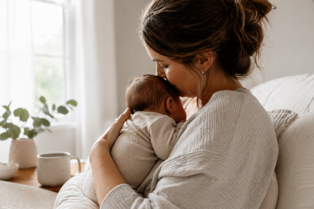 Postpartum mom holding newborn while dealing with breast pain, clogged duct or early mastitis symptoms