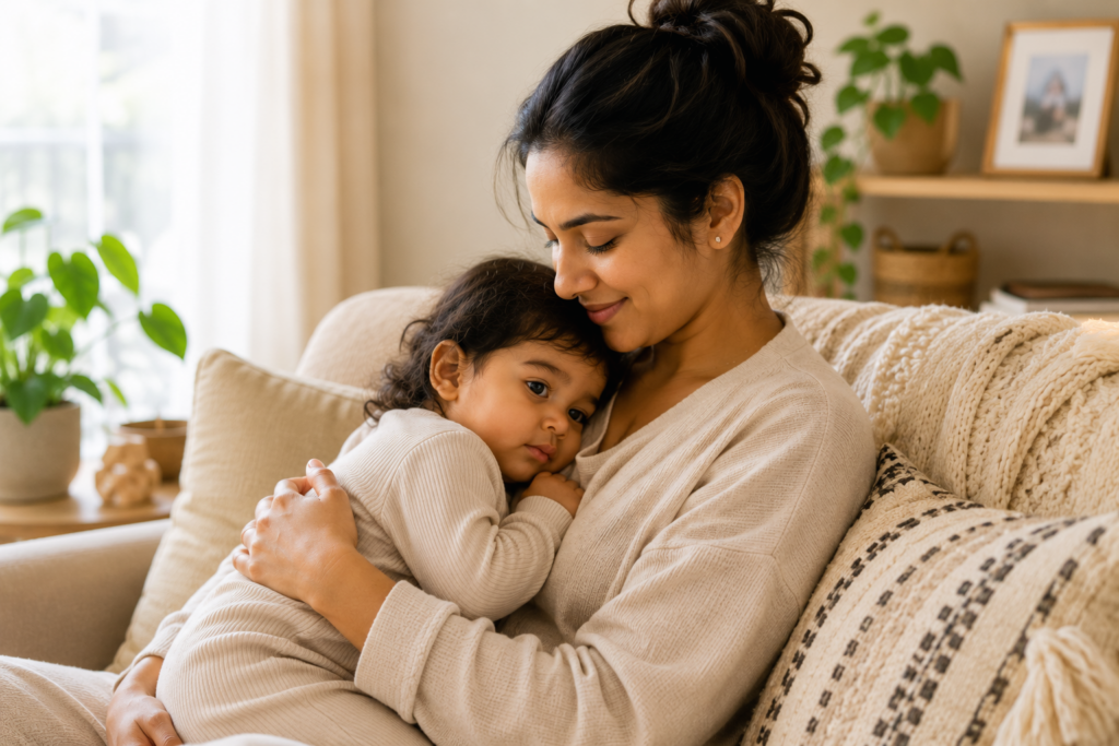 Mother holding her toddler in a cozy chair during a gentle weaning journey, demonstrating connection, comfort, and attachment beyond breastfeeding.